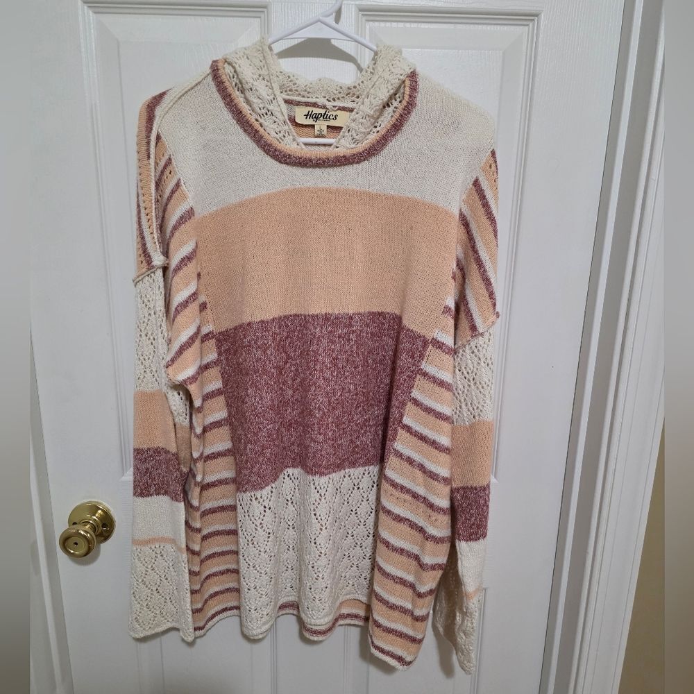 Haptics Knit Striped Hooded Sweater - Cream and Pink NEW Size LG